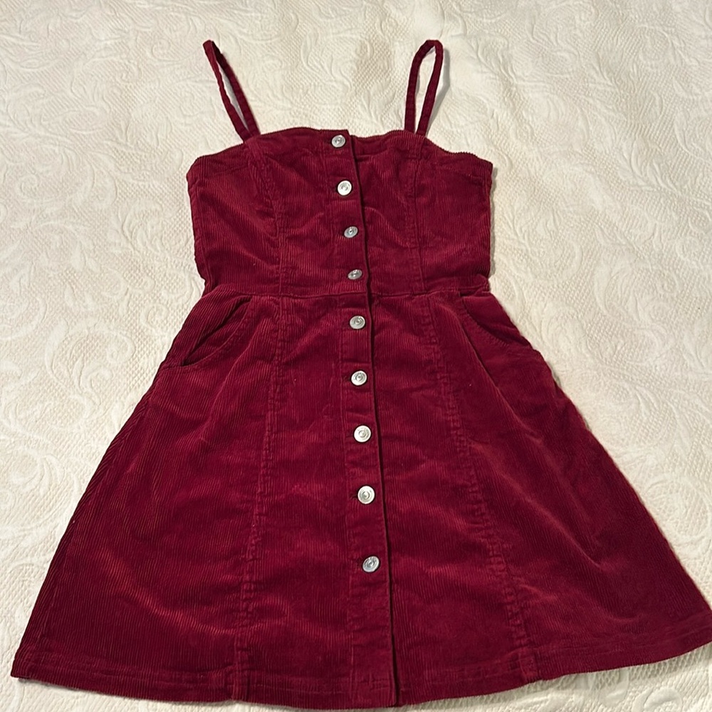 Divided Burgundy Corduroy Button-Front Mini Dress